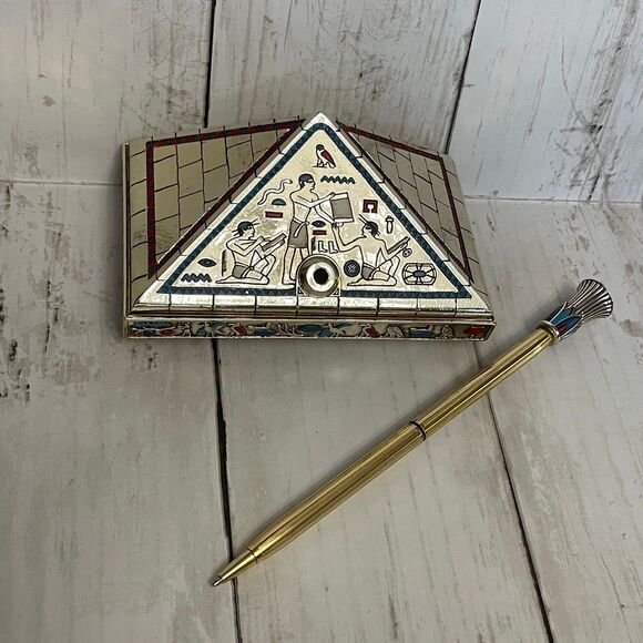 Golden Egyptian Pen Set Limited Edition Hand Painted Pyramid Shaped Office Decor - Picture 3 of 9